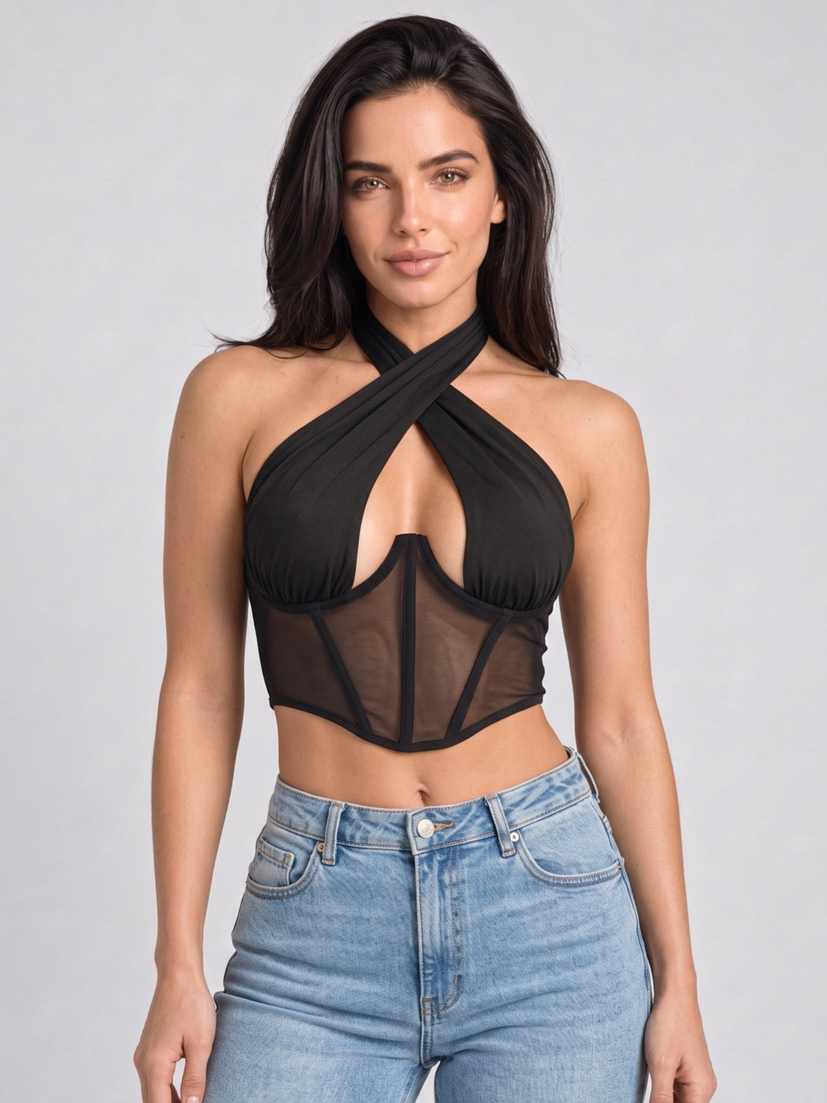 Sheer Mesh Halter Corset Crop Top