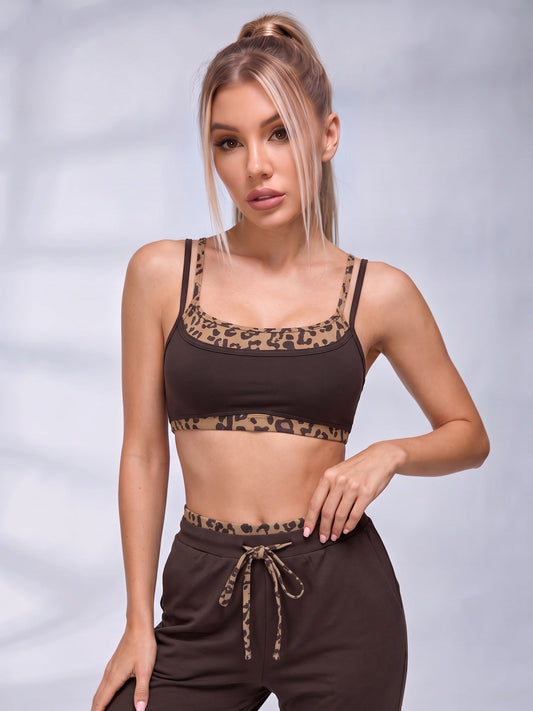Leopard Trim Scoop Neck Sports Bra