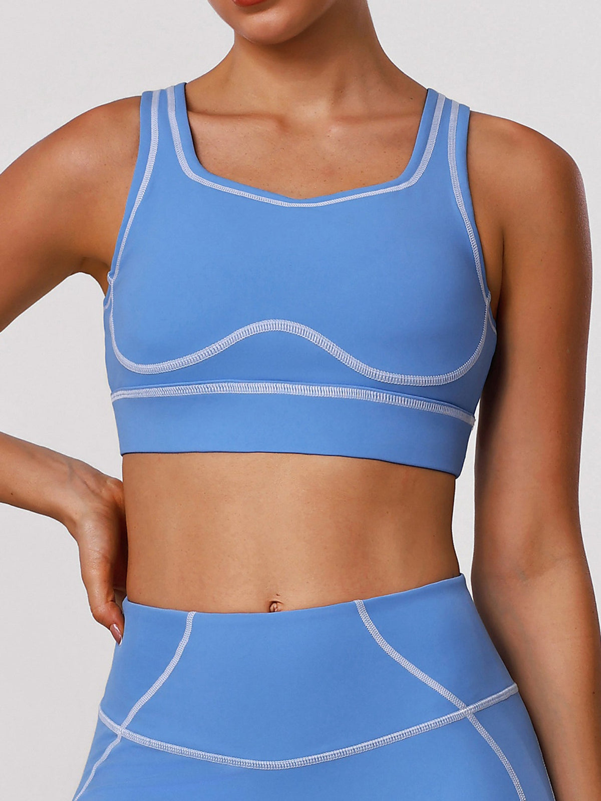 Black Sports Bra with Contrast Piping and Open Back