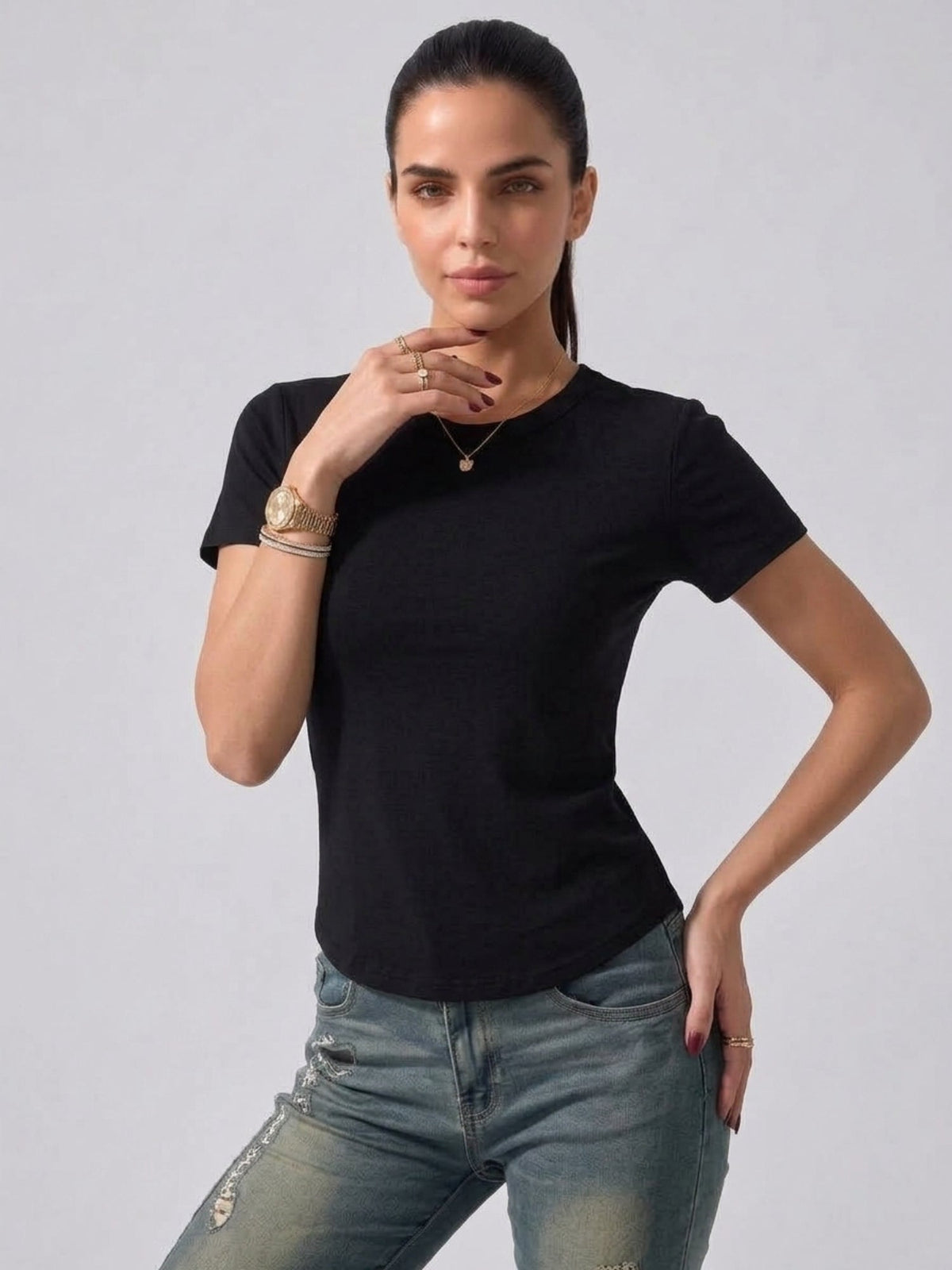 Short Sleeve Crew Neck T-Shirt with Integrated Bra Cups