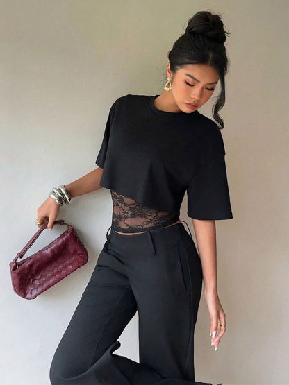 Women's Cropped Short Sleeve T-Shirt with Lace Midriff Insert