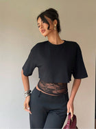 Women's Cropped Short Sleeve T-Shirt with Lace Midriff Insert