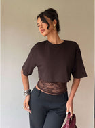 Women's Cropped Short Sleeve T-Shirt with Lace Midriff Insert