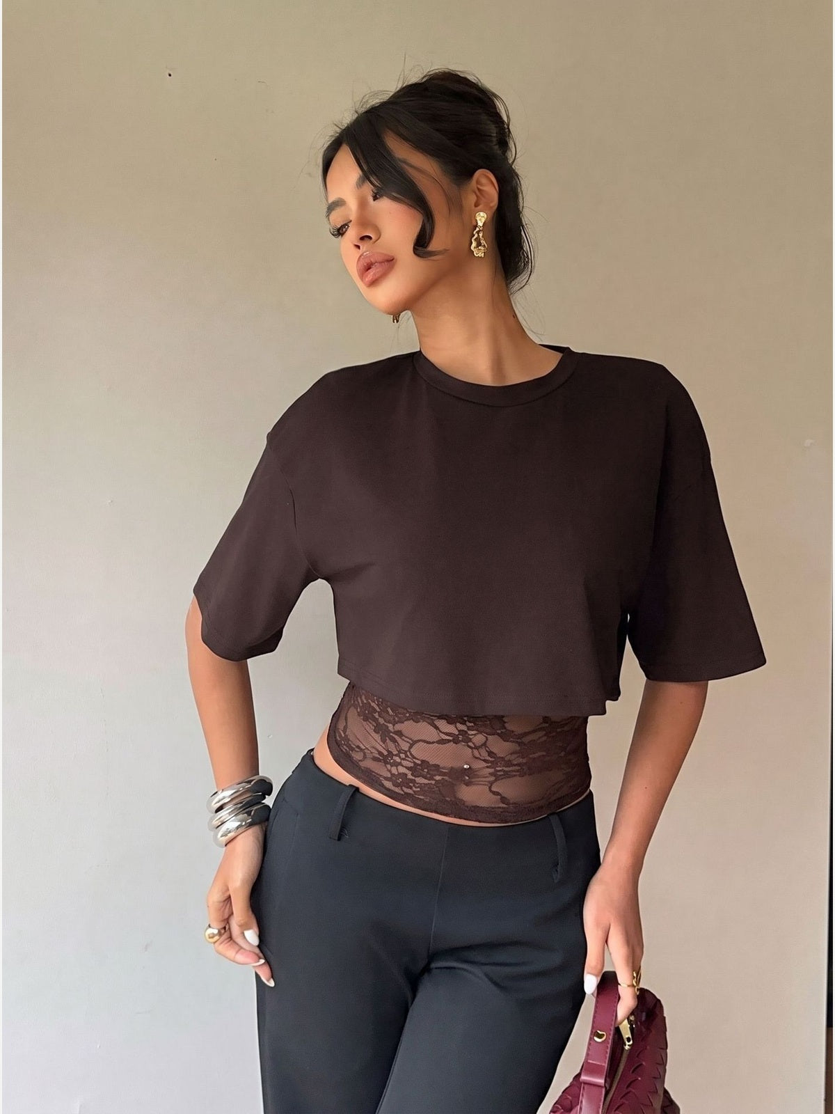 Women's Cropped Short Sleeve T-Shirt with Lace Midriff Insert