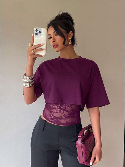 Women's Cropped Short Sleeve T-Shirt with Lace Midriff Insert