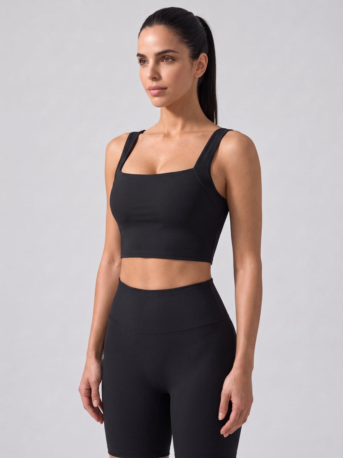 Ribbed Square Neck Crop Active Tank Top with Back Cutout