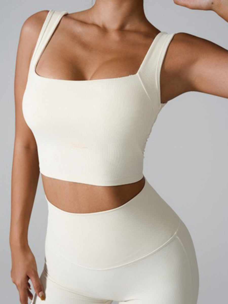 Ribbed Square Neck Crop Active Tank Top with Back Cutout