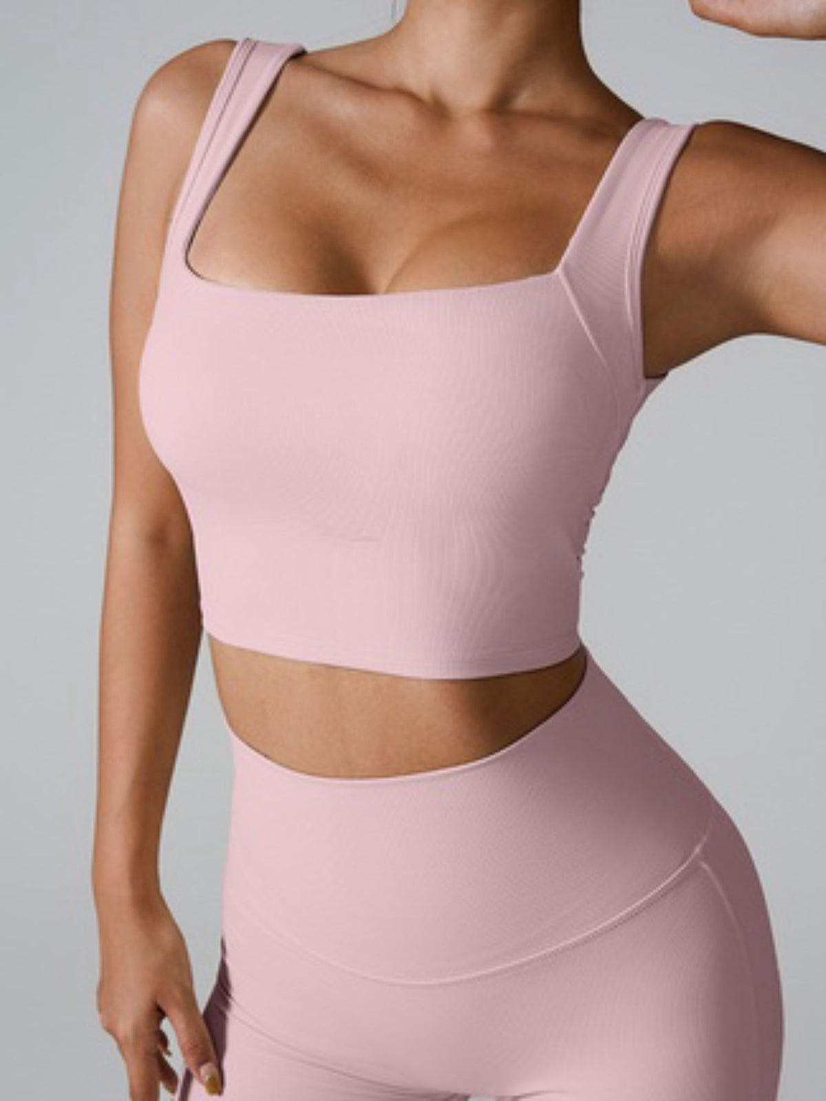Ribbed Square Neck Crop Active Tank Top with Back Cutout