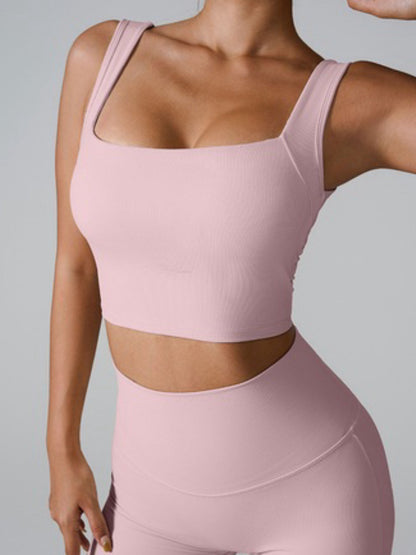 Ribbed Square Neck Crop Active Tank Top with Back Cutout