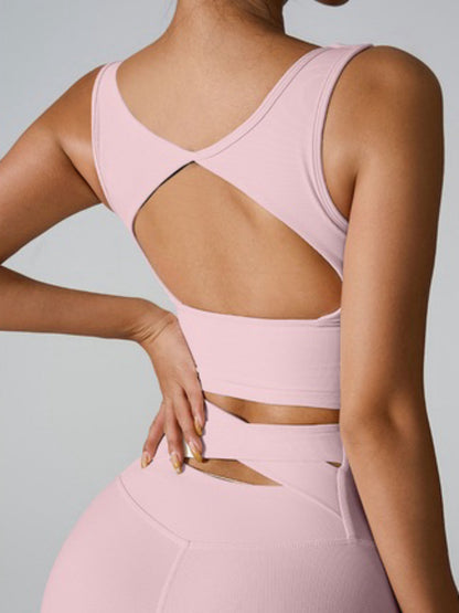 Ribbed Square Neck Crop Active Tank Top with Back Cutout