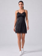 Black Lace Trim Satin Slip Dress