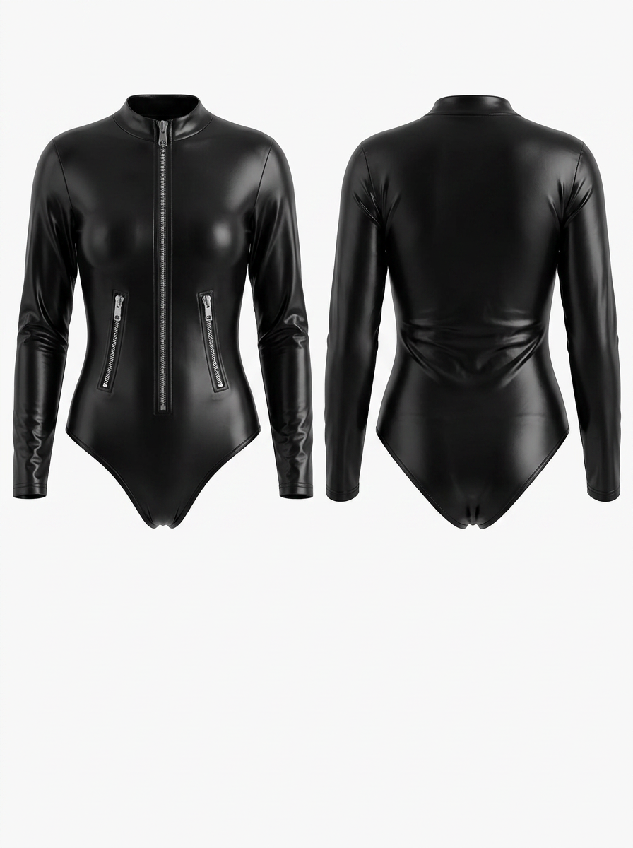 PU Faux Leather Zipper Bodysuit