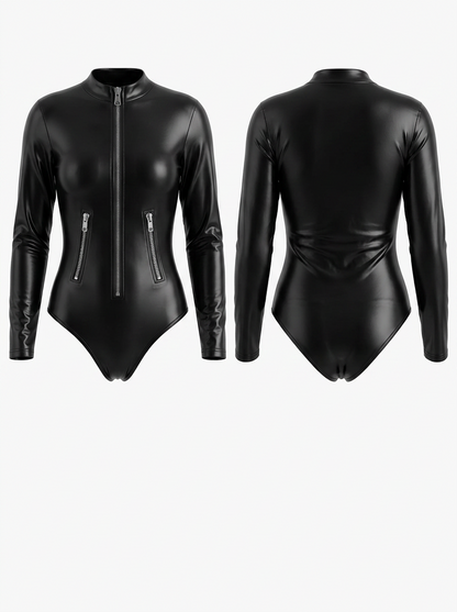 PU Faux Leather Zipper Bodysuit