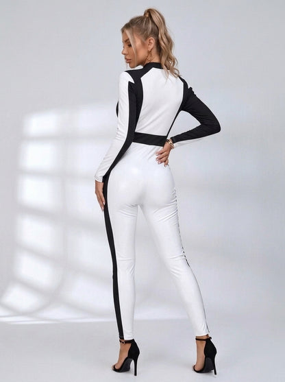 "SciFi Heroine" Contrast Color PU Zipper Short Romper