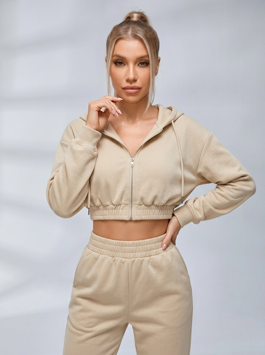 Velvet Zipper Pocket Hooded Casual Cropped Tracksuit