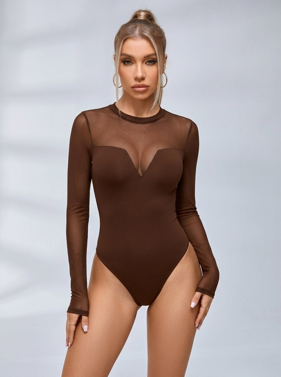 Women's Sheer Mesh Long Sleeve Bodysuit with V-Panel