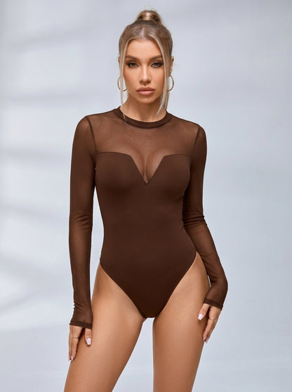 Women's Sheer Mesh Long Sleeve Bodysuit with V-Panel