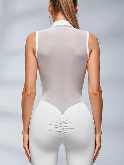 Sexy Sheer Mesh Back Deep V Back Scrunch Bum Zipper Jumpsuit