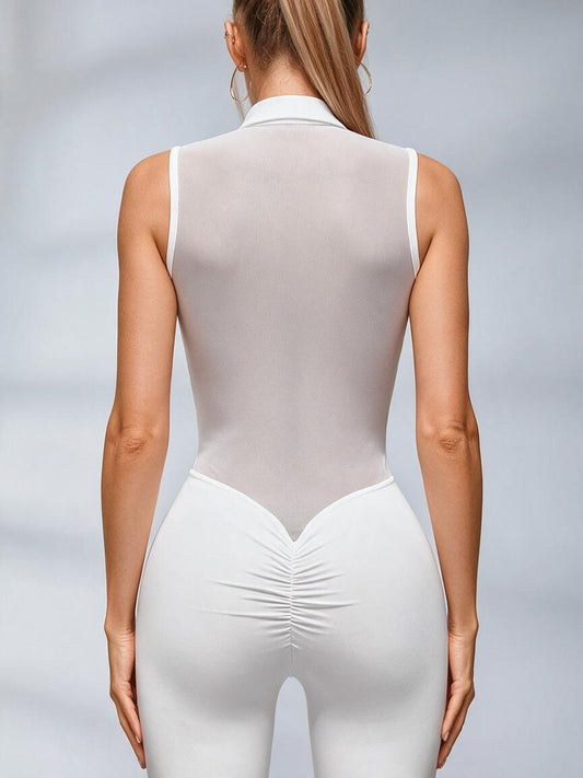 Sexy Sheer Mesh Back Deep V Back Scrunch Bum Zipper Jumpsuit