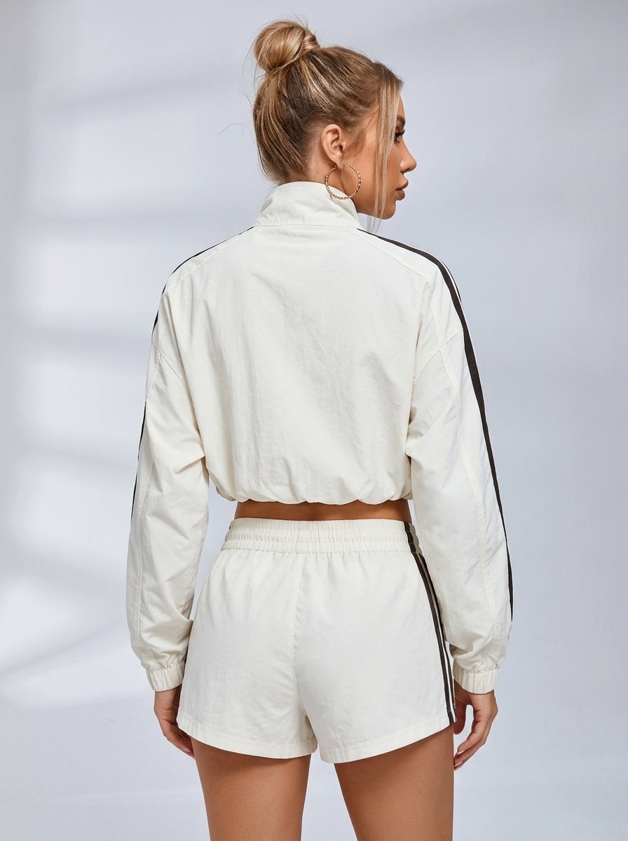 Women's Cropped Stand-Collar Full-Zip Track Jacket with Sleeve Stripes