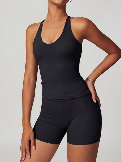 U Collar Cross Back Hollow Out Quick Dry Adjustable Strap Tank