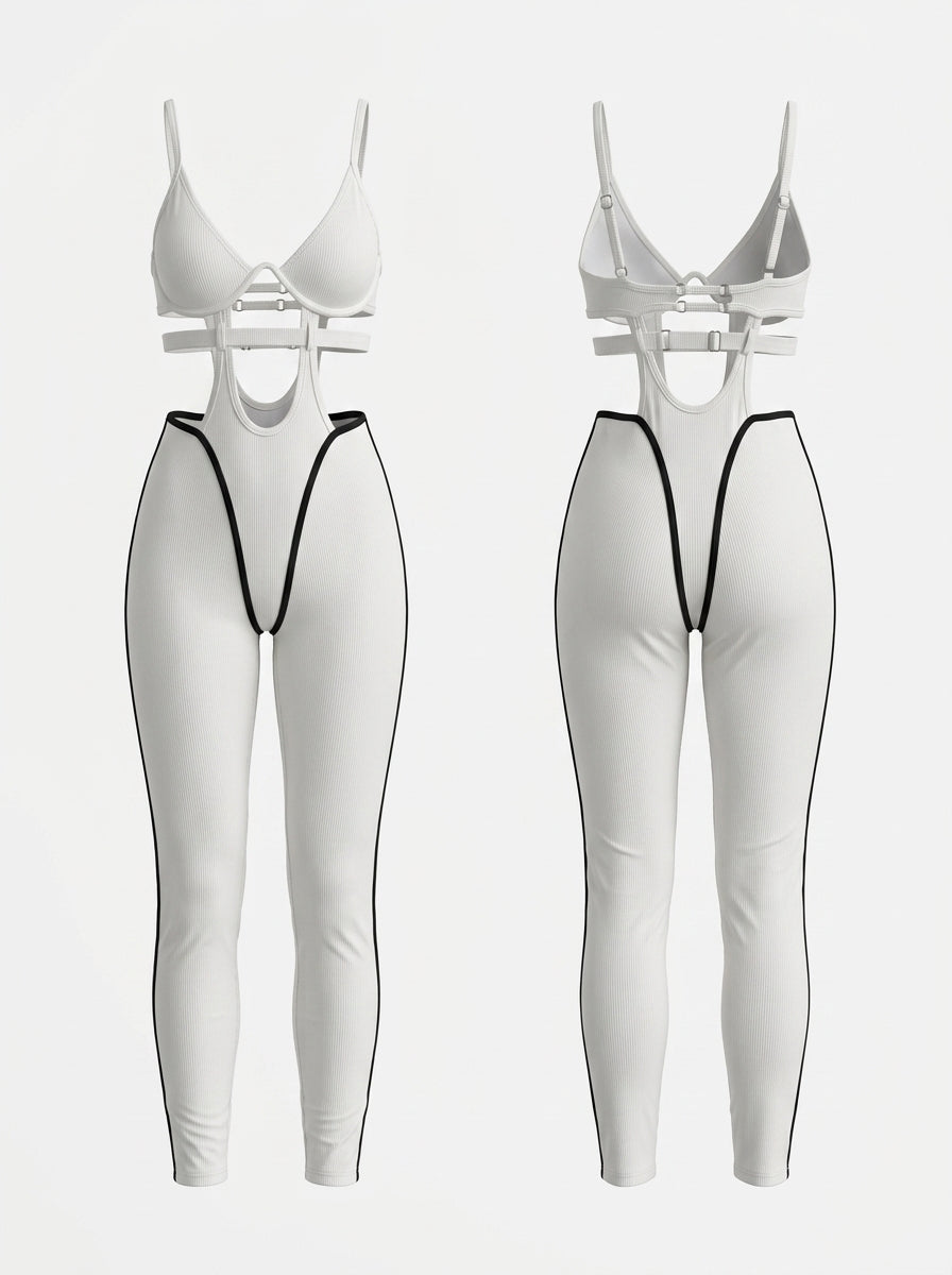 Gerippter Active-Jumpsuit mit Cut-Outs und Kontrastpaspelierung