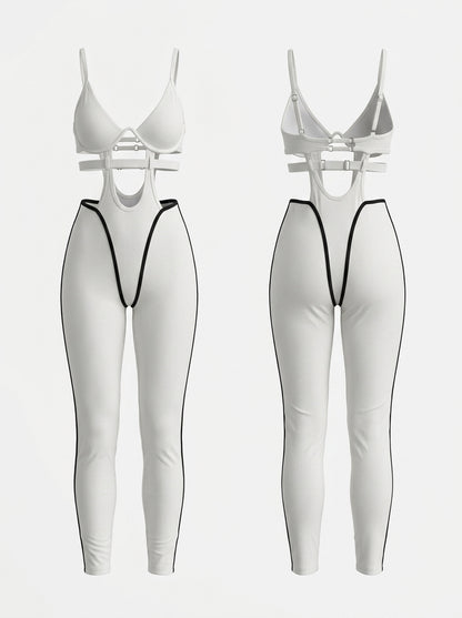 Gerippter Active-Jumpsuit mit Cut-Outs und Kontrastpaspelierung