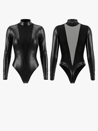 Siren Deep V Sheer Mesh & Faux Leather Bodysuit🖤