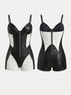 "SciFi Heroine" Zipper Contrast Color PU Short Romper