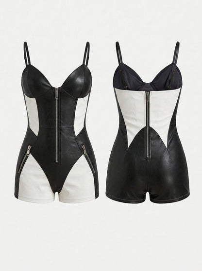 "SciFi Heroine" Zipper Contrast Color PU Short Romper