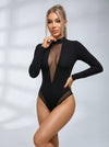 Sexy Deep V See-Through Mesh Patchwork Long Sleeve Bodysuit