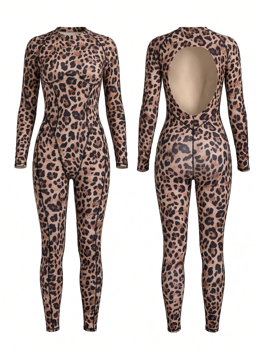 Fashion Leopard Print Backless Jumpsuit