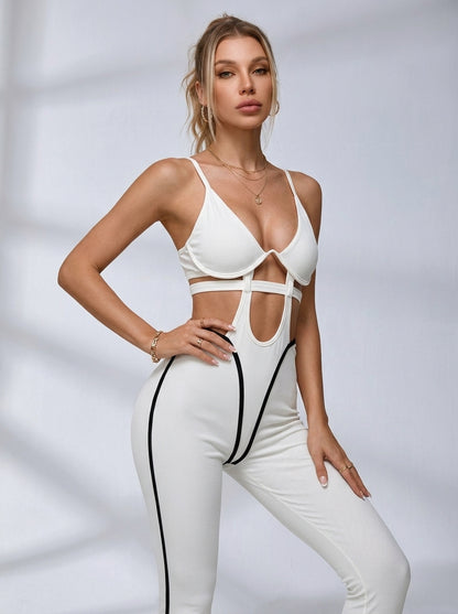 Gerippter Active-Jumpsuit mit Cut-Outs und Kontrastpaspelierung