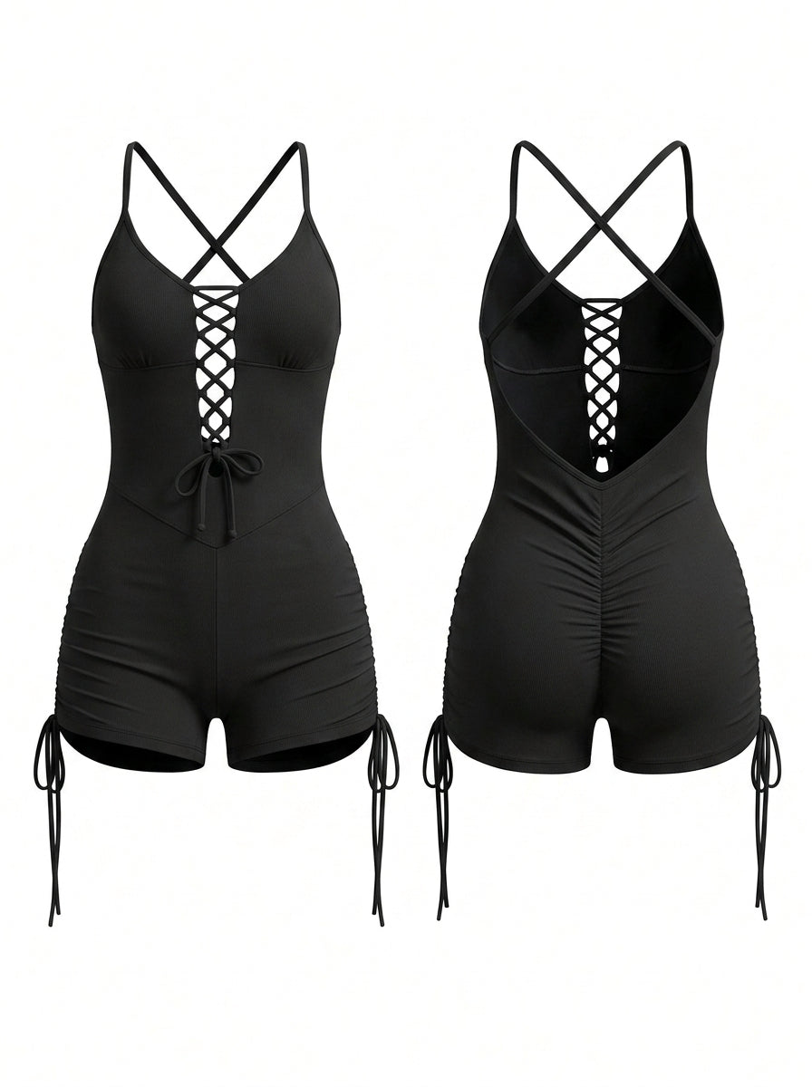 Cross Back Lace-Up Short Romper