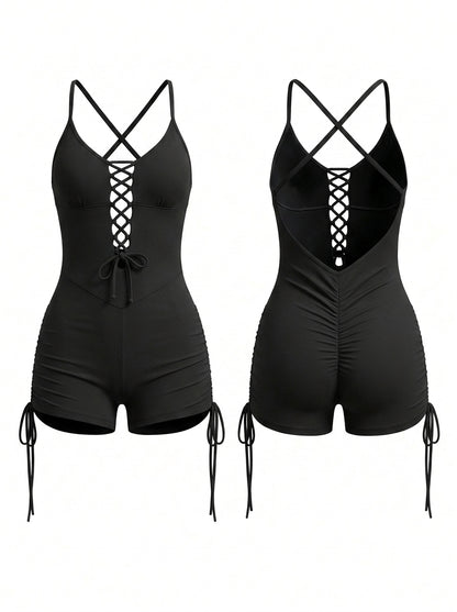 Cross Back Lace-Up Short Romper