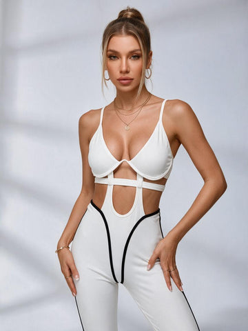 Cutout Ribbed Active Jumpsuit With Contrast Piping