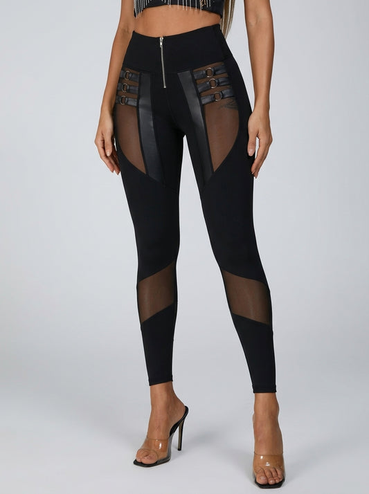 “Stitching Sexy” Cutout Mesh Zipper Leggings