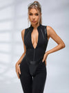 Faux Leather Zipper Stand Collar Push Up Jumpsuit