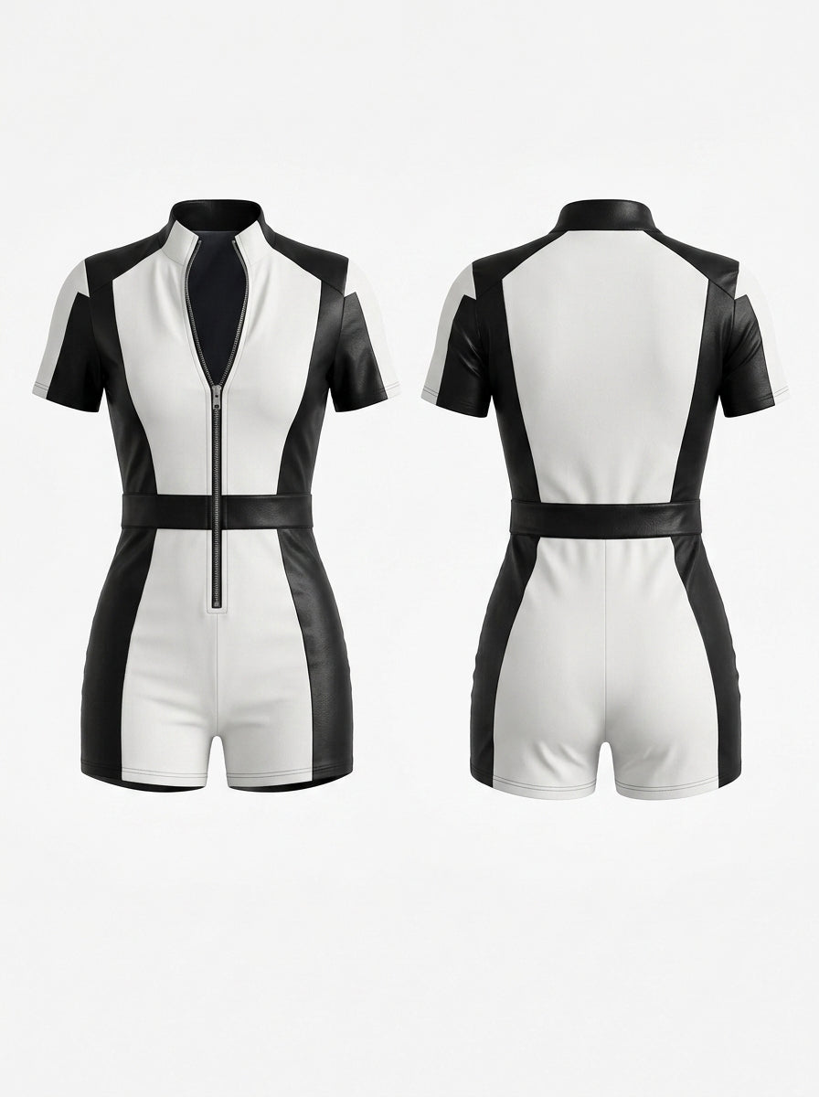 "SciFi Heroine" Contrast Color PU Zipper Short Romper