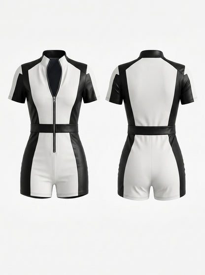 "SciFi Heroine" Contrast Color PU Zipper Short Romper