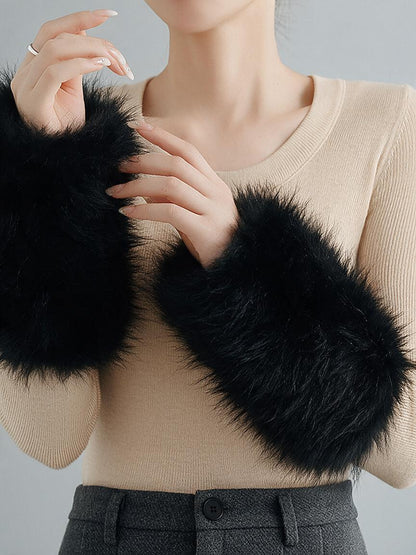 Plush Faux Fur Wrist Warmers - Black