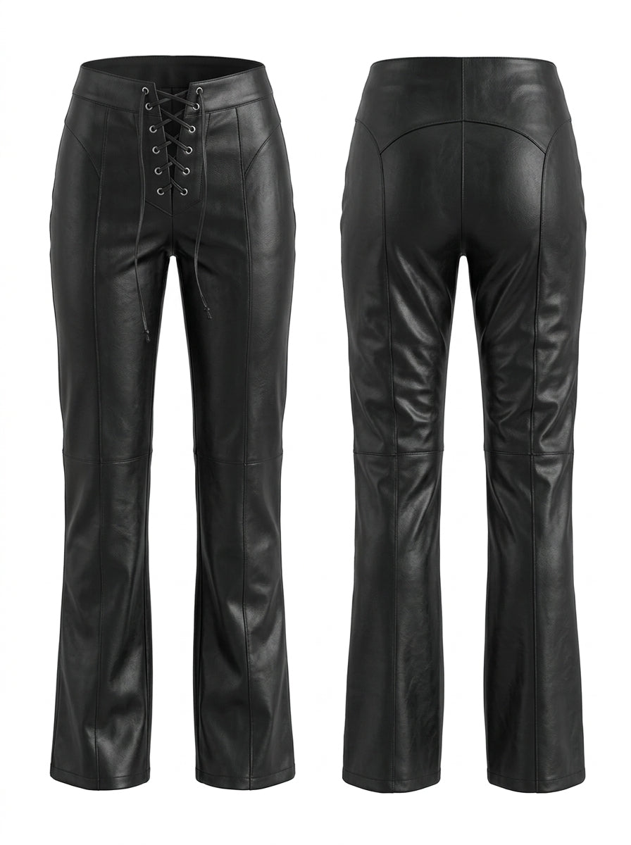 Sexy Faux Leather Push Up Design Lace-up Split Leggings
