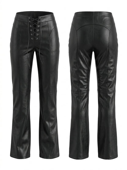 Sexy Faux Leather Push Up Design Lace-up Split Leggings