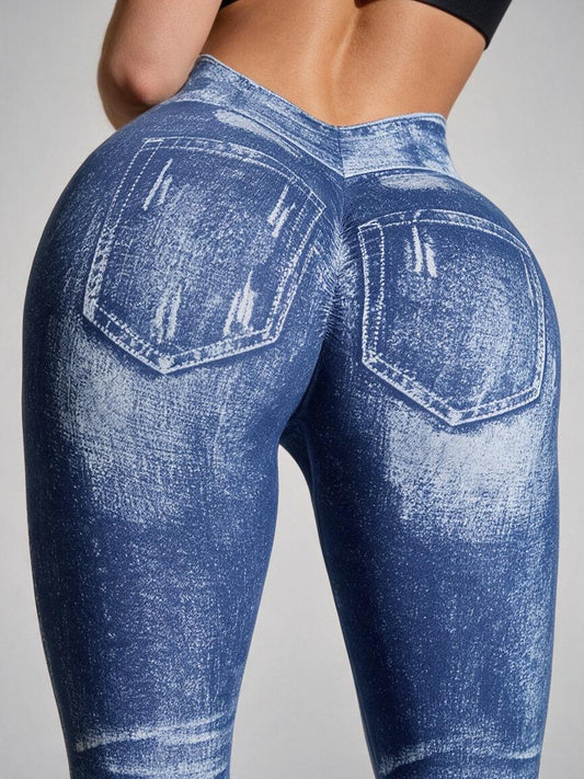 Deep V Back Denim Scrunch Bum Leggings