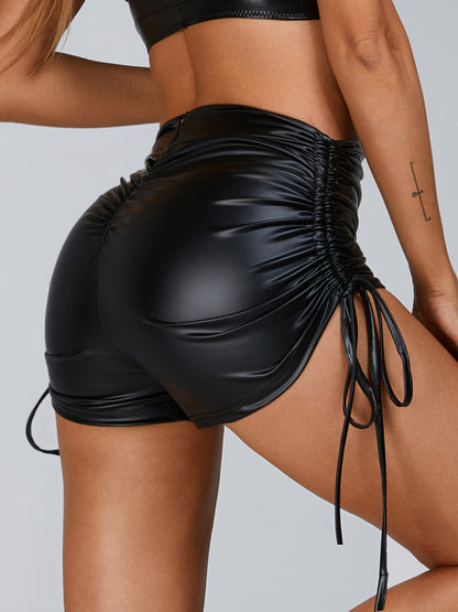 PU Faux Leather Folds Drawstring Spandex Gym Booty Shorts