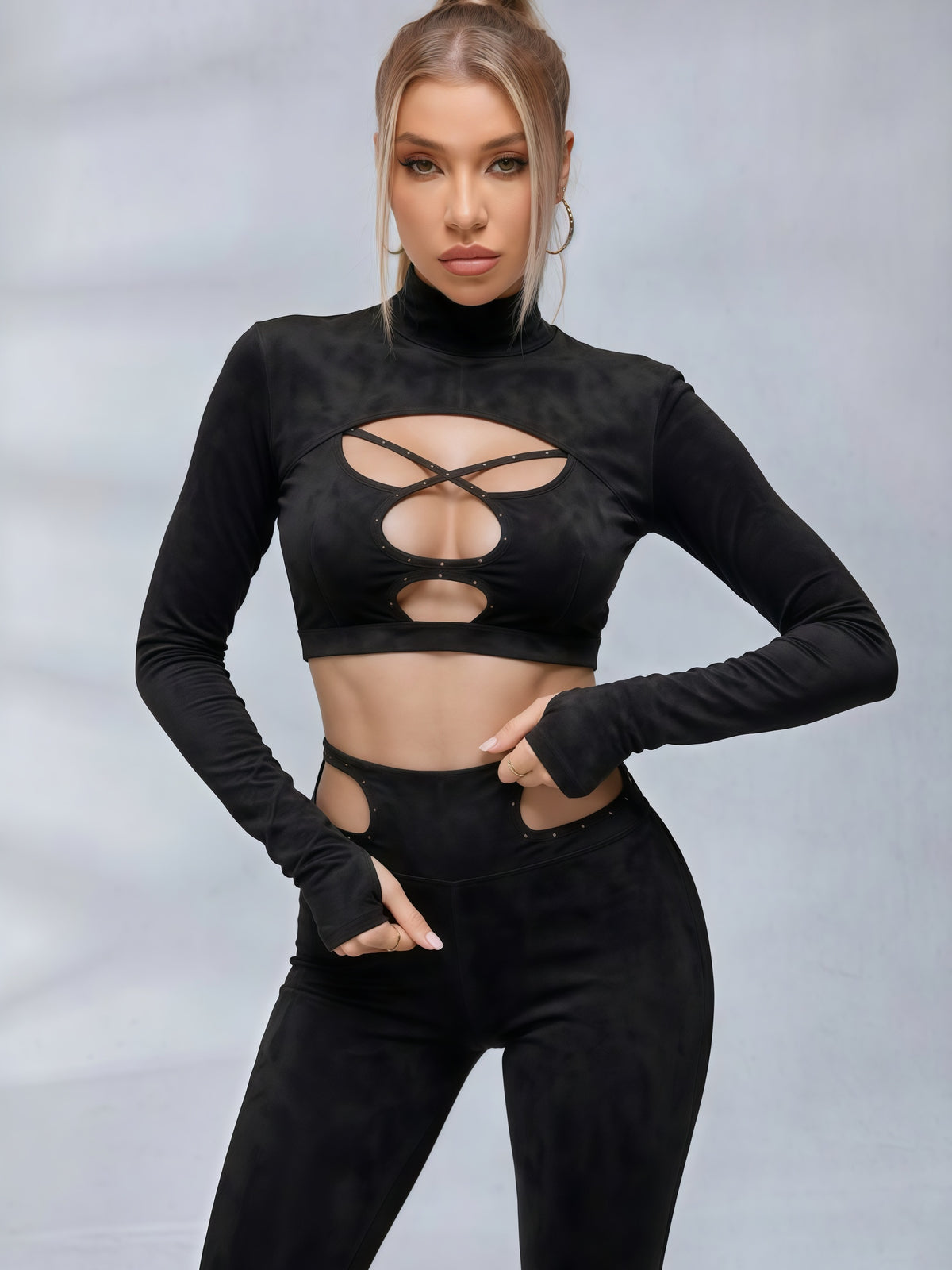 Black Cut-Out Studded Crop Top & Leggings Set