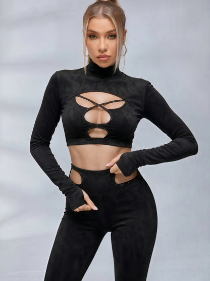 Black Cut-Out Studded Crop Top & Leggings Set