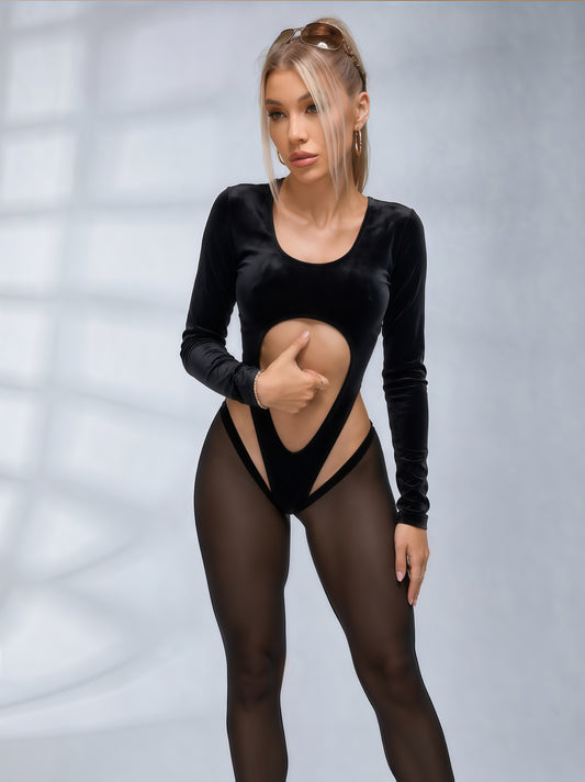 Black Velvet Sheer Panel Long Sleeve Jumpsuit