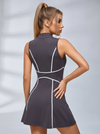 High-Neck Half-Zip Contrast Stitch Tennis Dress with Built-In Shorts