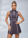 High-Neck Half-Zip Contrast Stitch Tennis Dress with Built-In Shorts